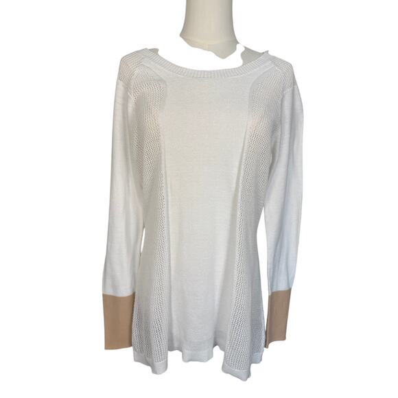 Heather B White Textured Mesh Panel Tunic Sweater L Tan Cuff - Picture 1 of 4